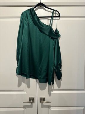 Impressions Emerald One-Shoulder Satin Blouse